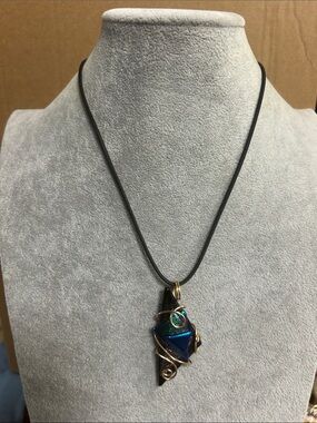 Handcrafted Blue Iridescent Glass Pendant Necklace - Women Jewelry